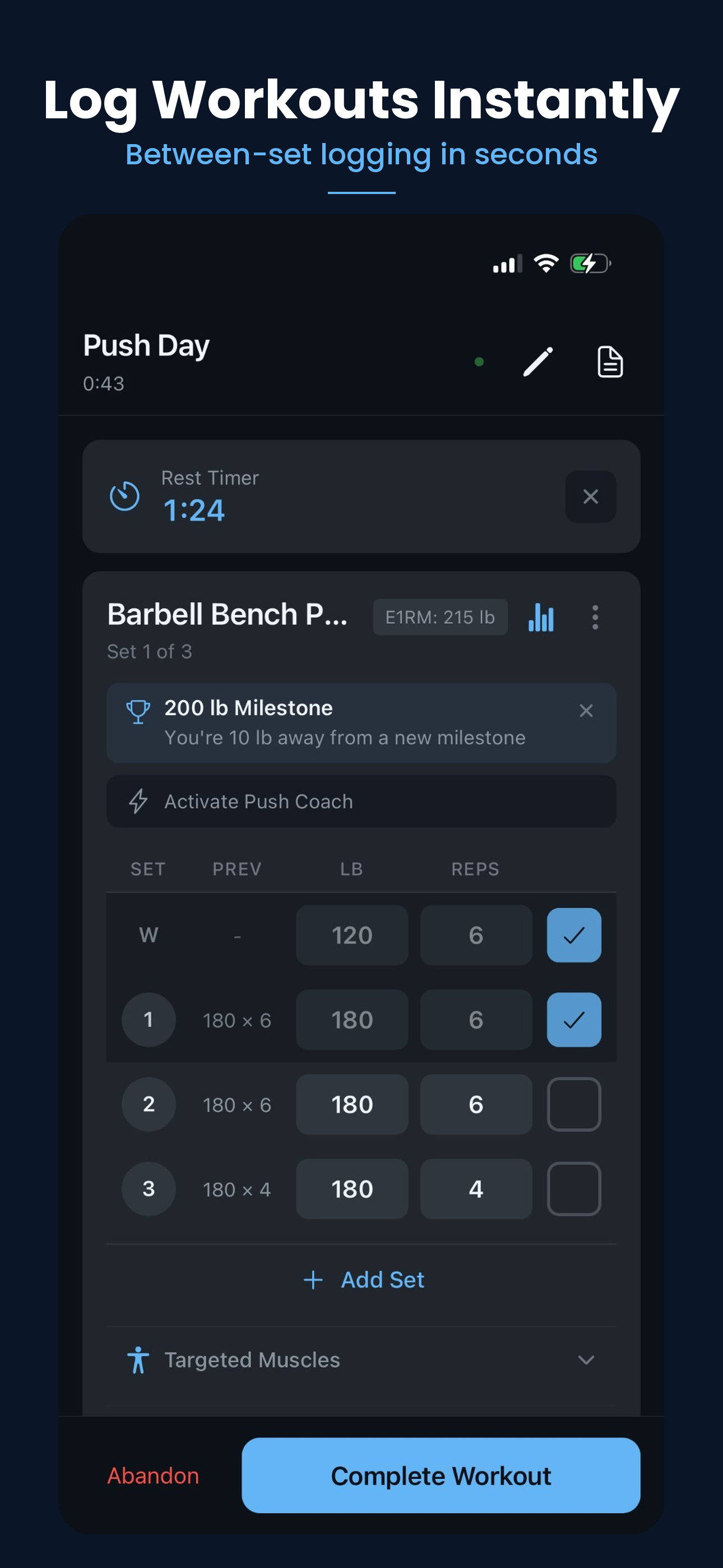 GymRx active workout screen with set logging and rest timer