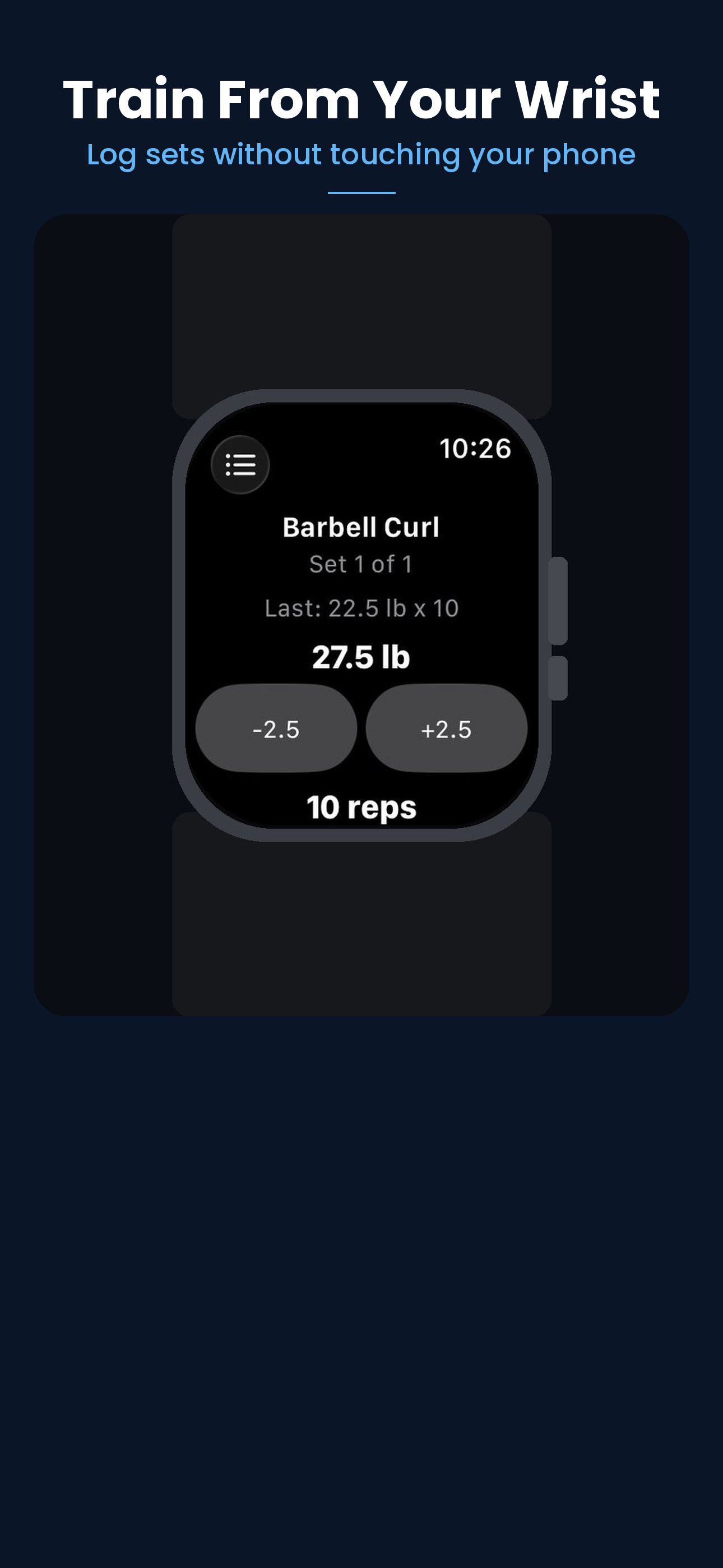 GymRx Apple Watch app showing set logging with weight adjustment