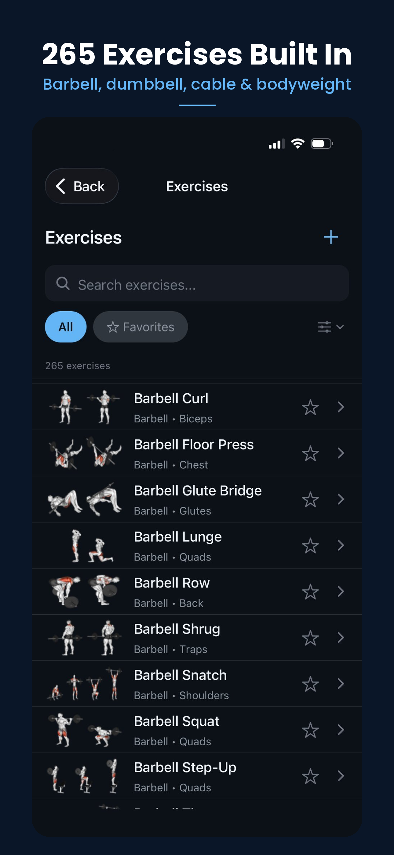 GymRx exercise library showing 265 exercises with animated demos
